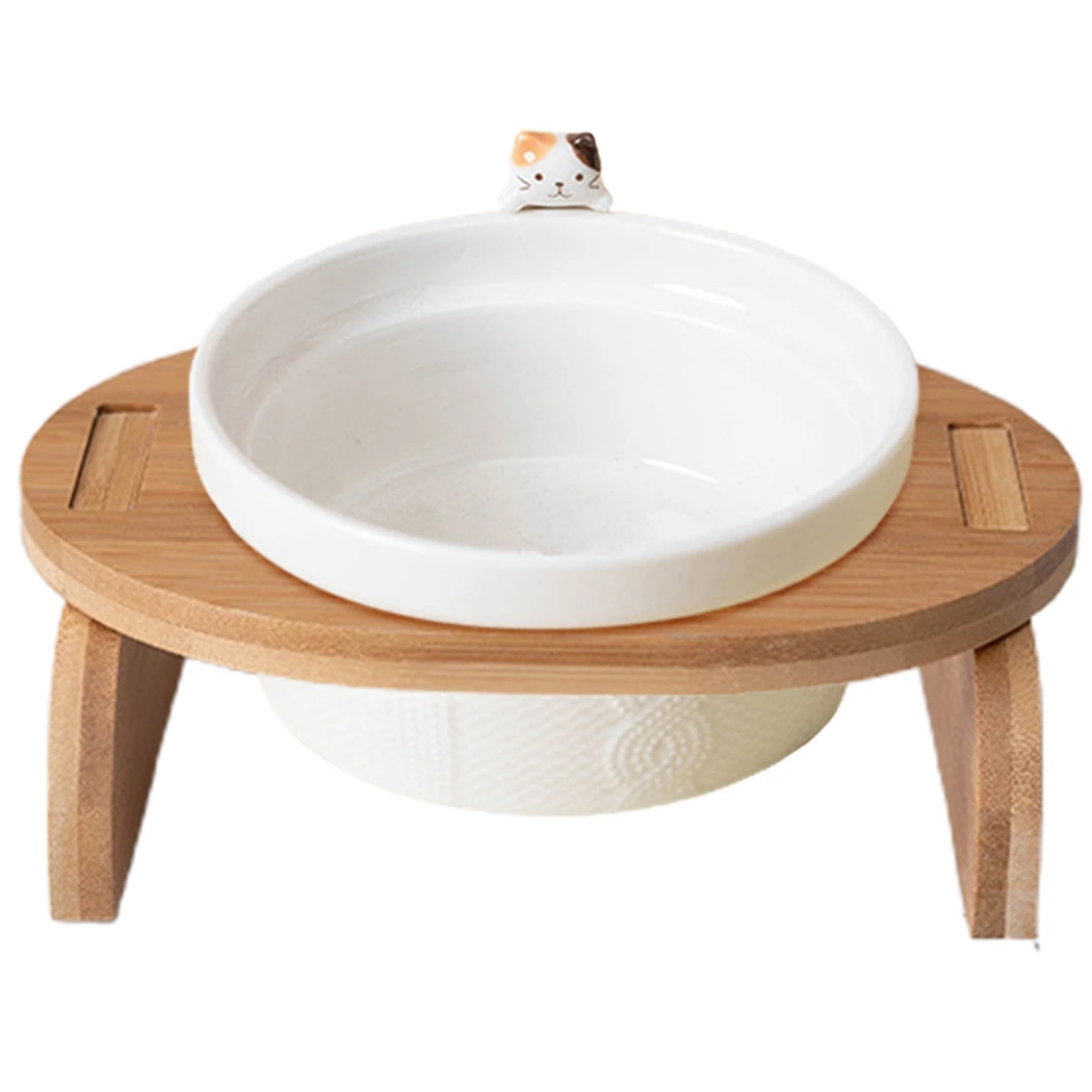 

Cat Food Bowl Ceramic Puppy Water Bowl Kitten Feeding Dish With Bamboo Stand Raised Dog Cat Feeder Stand Ceramic Food Feeding