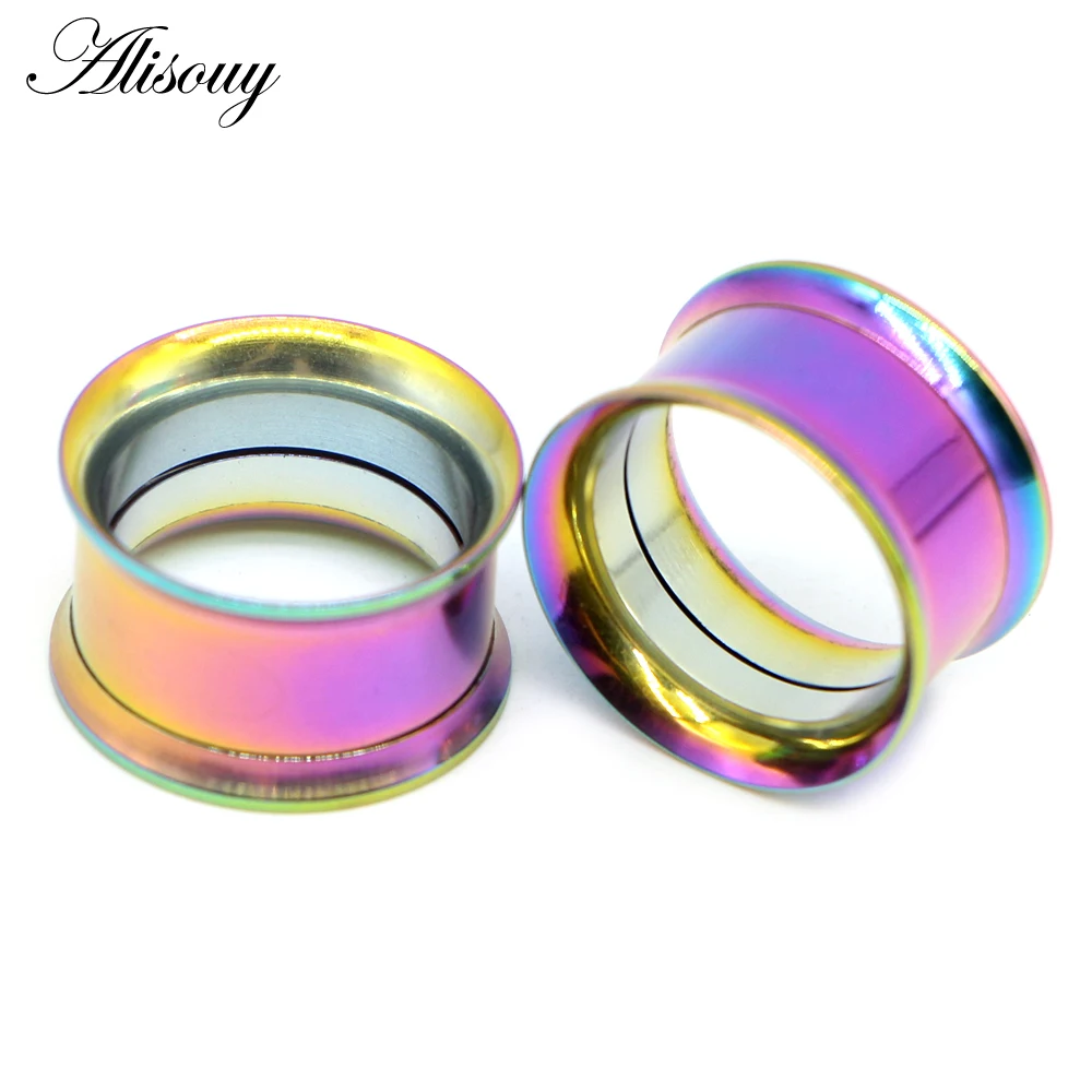 Alisouy 2pcs Surgical Steel Colorful Anodized Thread Double Flared Hollow Ear Flesh Tunnel Plug Ear Expander Gauge Body Jewelry