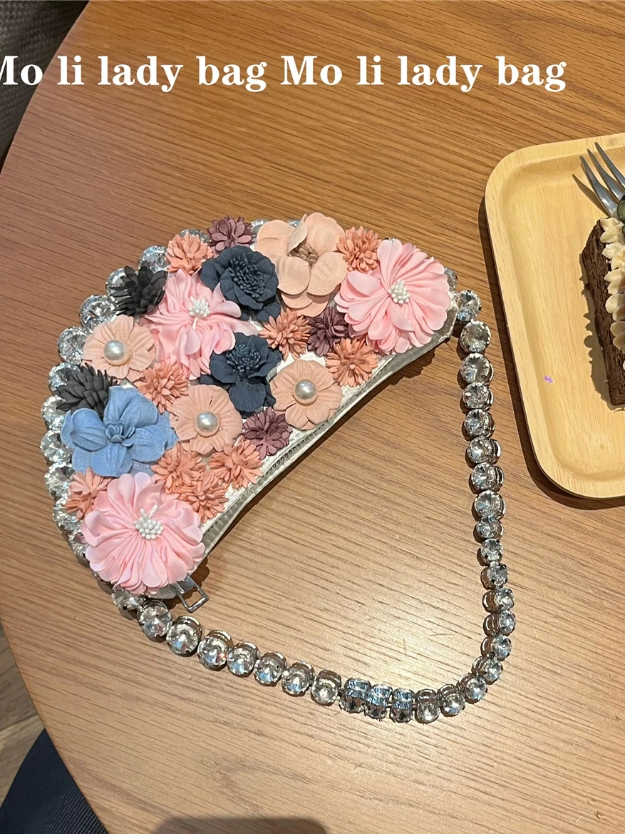 Retro Floral Diamond Embedded Half-Moon Shaped Handbag Underarm Women's Bag 2024 New Style Elegant Lady  Pearl Bag