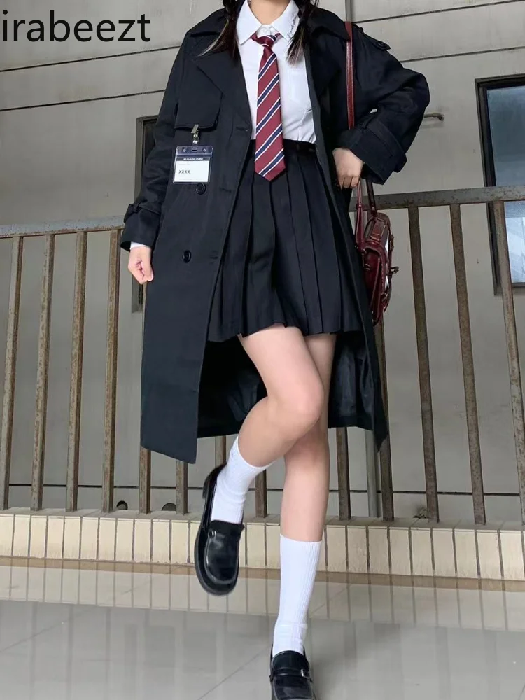 British Vintage Trench Coat Mid-length Uniform Set Black Pleated Skirt Conjunto Femenino Roupa Elegante Women 2 Pieces Suit