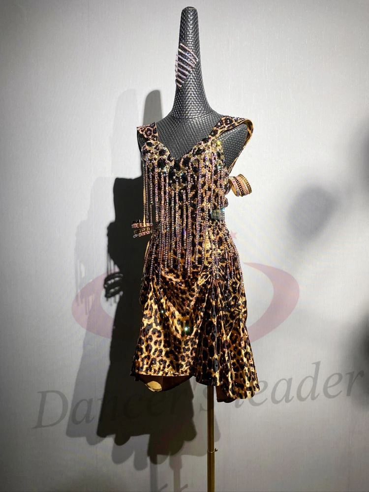 

Latin Dance Adult Children'S Dress AB Stone High-End Custom Gold Tassel Leopard Print Dress Cha Cha Tango Women'S Clothing