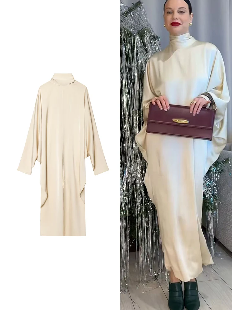 TFMLN-vestido de noche elegante para mujer, vestido largo de fiesta de satén de manga larga con cuello levantado liso, bata holgada con espalda descubierta