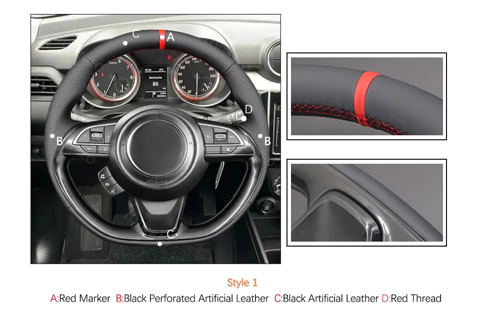 Schwarzer, handgenähter, bequemer, rutschfester, weicher Lenkradbezug aus Kunstleder mit Zöpfen für Suzuki Swift 2008–2021 – Detail 2