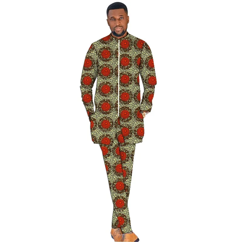 الأزياء الأفريقية الوقوف طوق أعلى مجموعات سستة قمصان + بنطلون طباعة ملابس رجالية الذكور ملابس الحفلات أنقرة بانت مجموعات #2