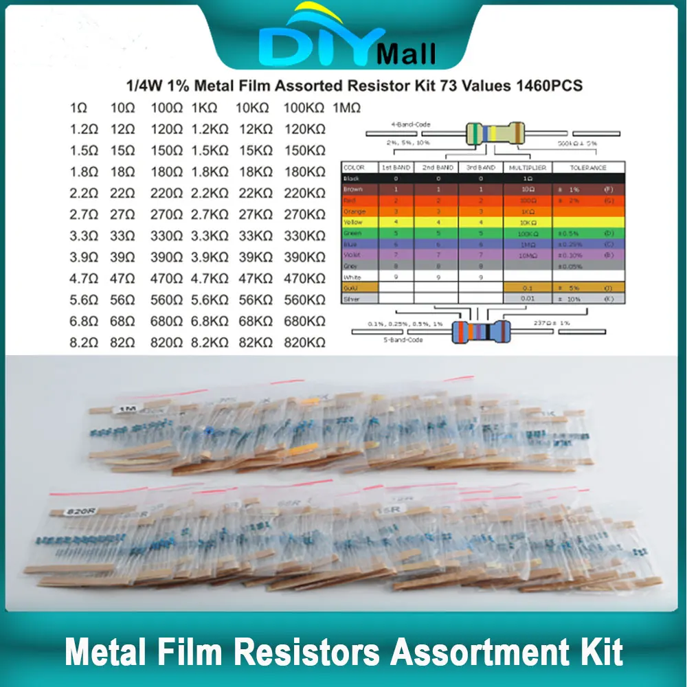 1460/600PCS 1/4W Metal Film Resistor Kit, 1% Tolerance 73 Values 10Ω-1MΩ with Color Code Sticker for Arduino/Electronics DIY