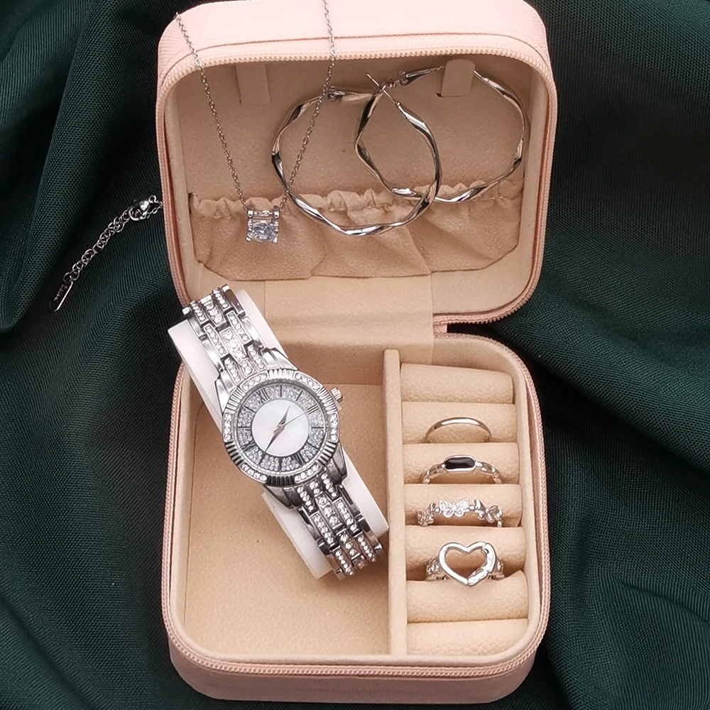 6Pcs Women Watches Jewelry Set Fashion Gold Watch Bracelet  Ladies Wristwatches Stainless Steel Female Quartz Watch With Box