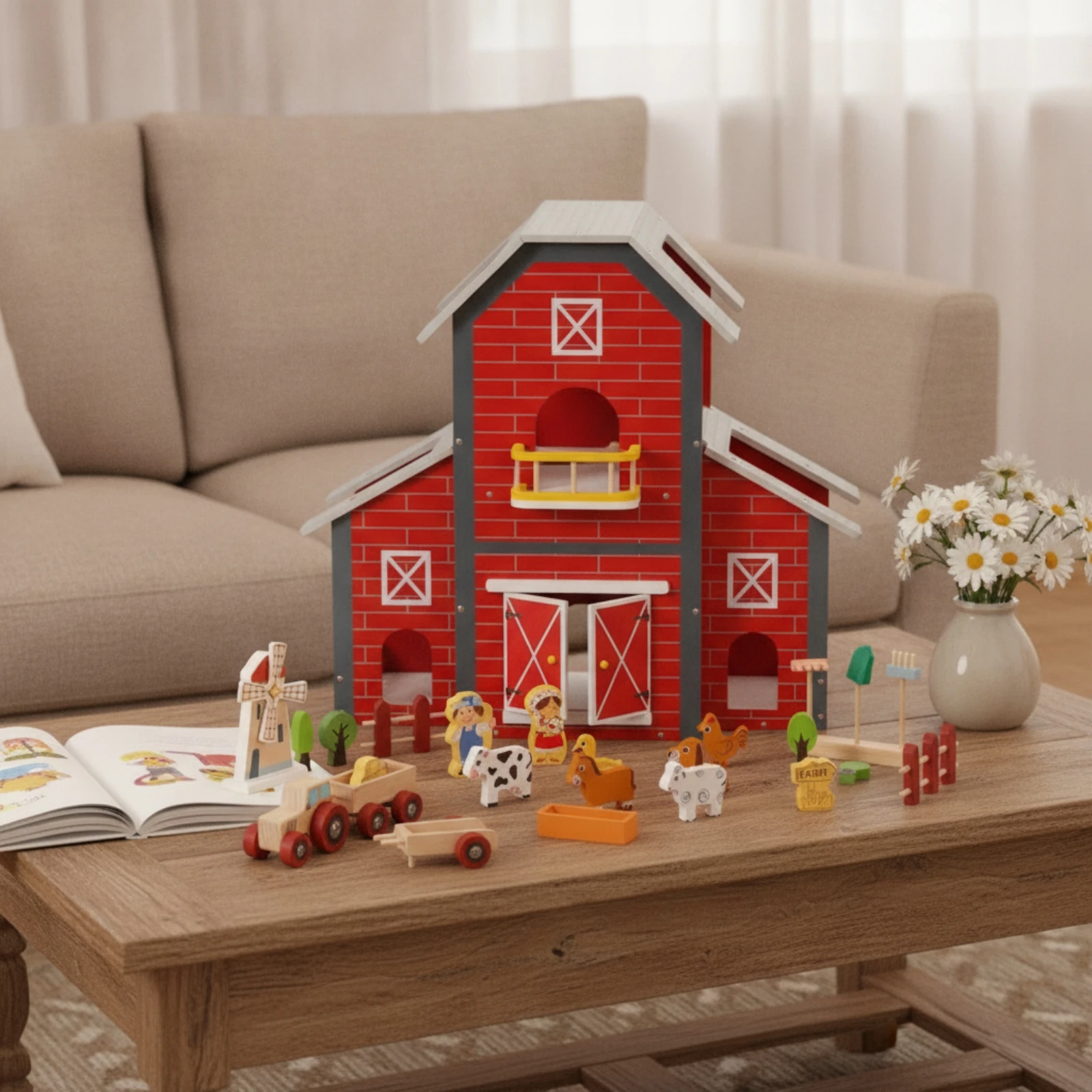 Barn Dollhouse Imaginative Wooden Dollhouse with Accessories Toy Farm Barn Open-Front Interactive for Children, Playroom