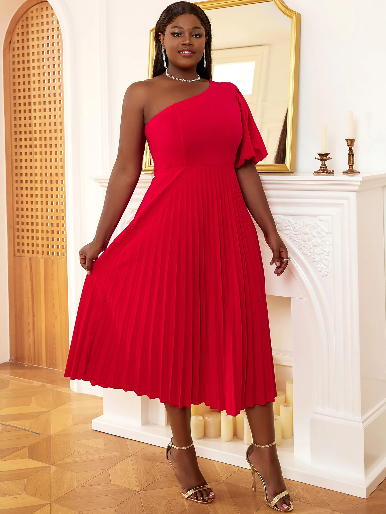 

Aomei Big Size 4XL Party Dress Women One Shoulder Red Short Lantern Sleeve A-Line Pleated Fit Summer Gowns Dresses 2023 New