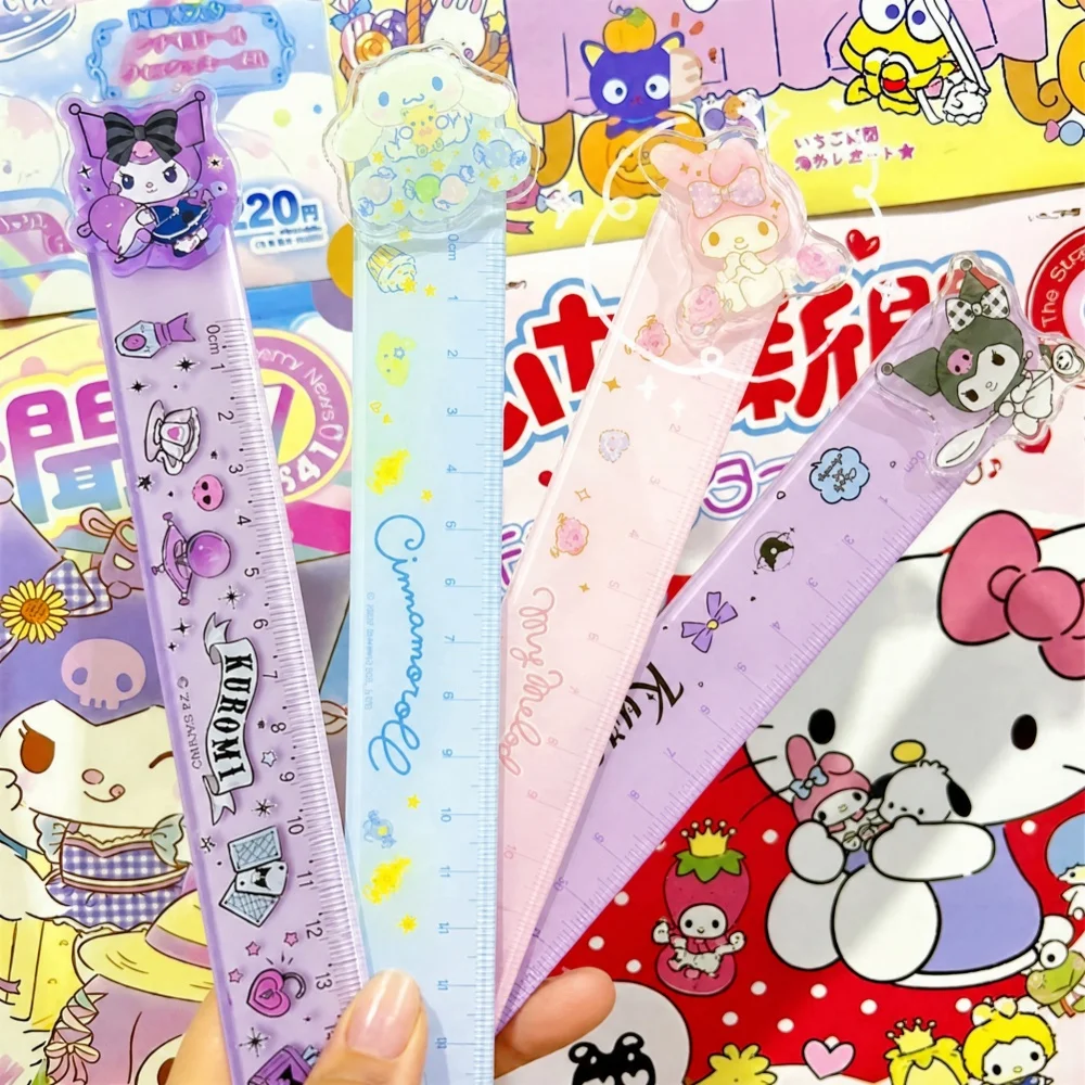 Sanrio Lineal Kawaii My Melody Kuromi mit drehbarem Kopf, Dekompressions-Schreibwaren, multifunktionales Lineal für die Schule, Schreibwaren-Geschenke