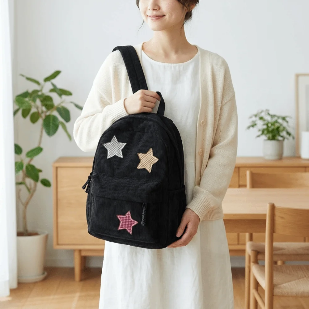 Niedlicher Stern-Cord-Rucksack, leichter, weicher Stoff-Schulrucksack, mehrere Taschen, bunte Reisetasche für die Schule – Detail 10