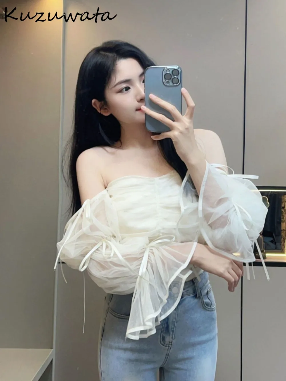 Kuzuwata New Sweet Slash Neck Puff Sleeve Fresh Blusas Off Shoulder Voile Lace Up Drawstring Shirt Japan Bow Two Pronged Blouses