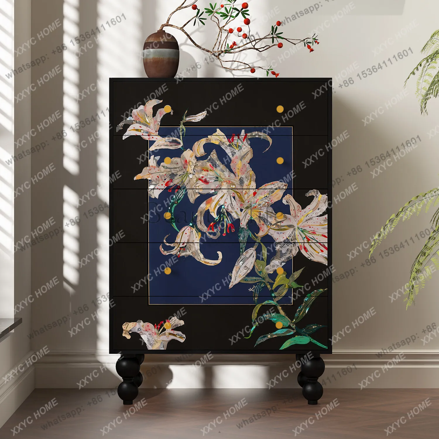 Medieval style solid wood five-bucket entrance cabinet living room bedroom storage decorative cabinet