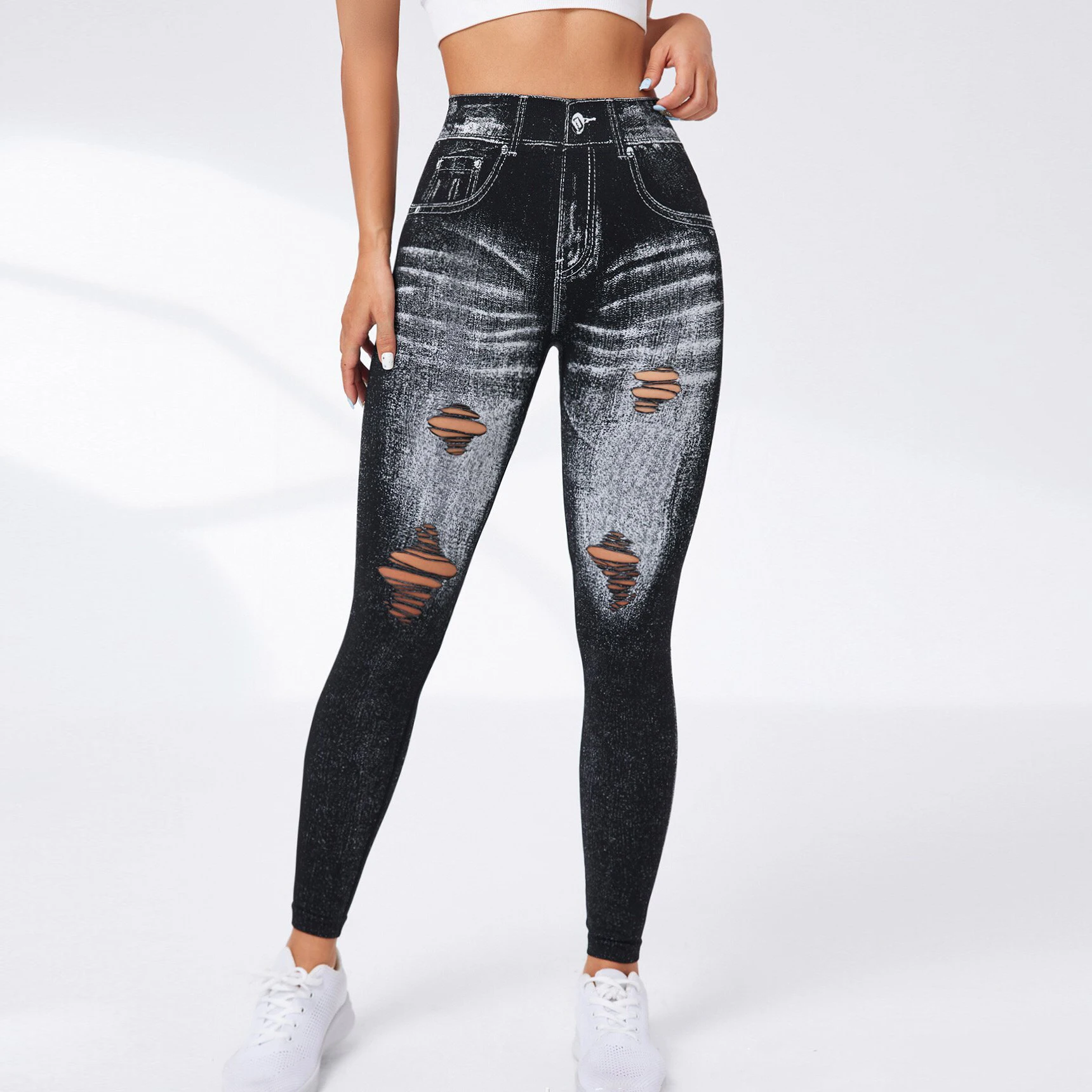 Women Hole Jean Leggings Fashion Gym Outdoor Fitness Athletic Workout Elastic Leggins Yoga Pants Tear Sports Training Tights