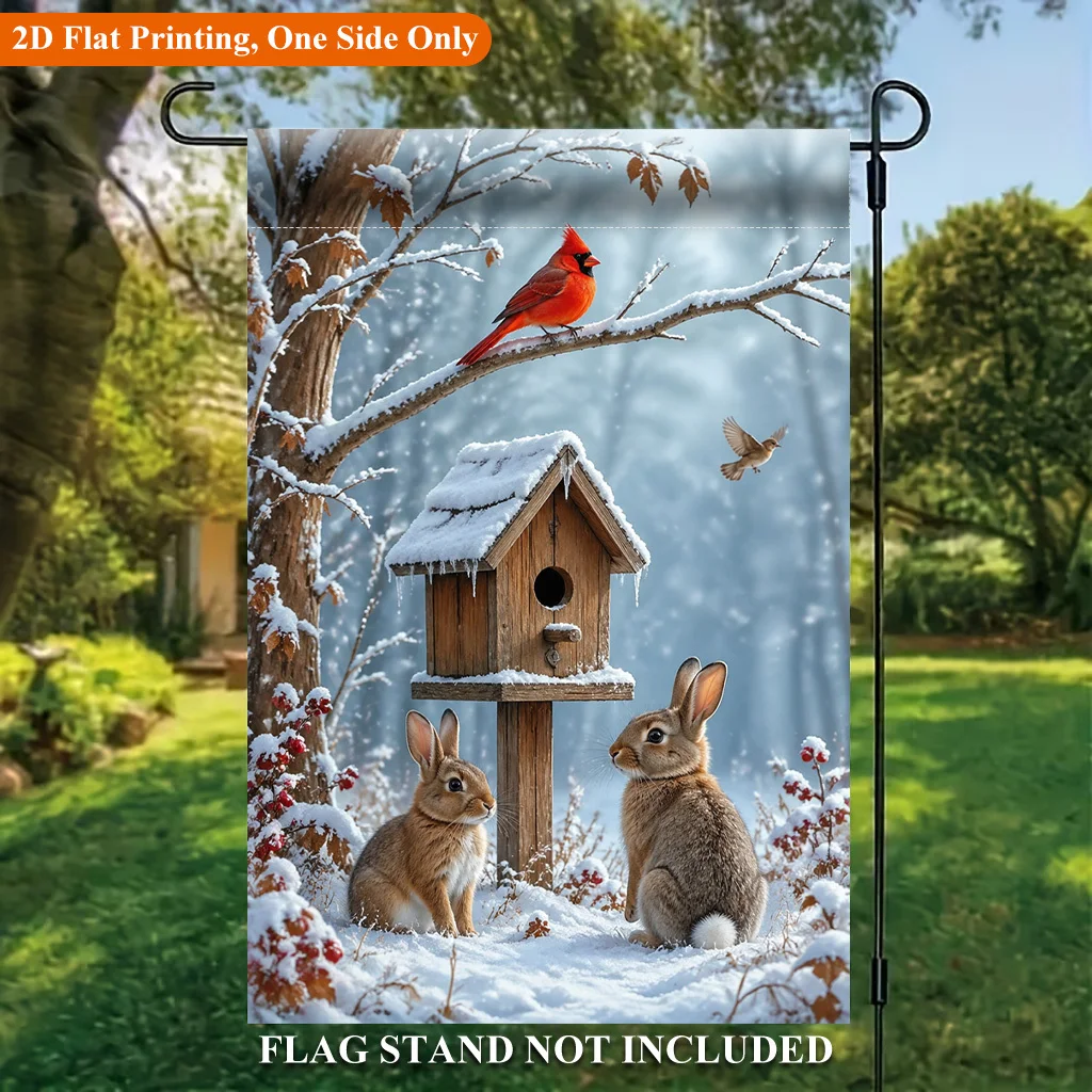 2D Flat Garden Flag 1 Piece, Winter Rabbit and Red Bird Companion Single-Sided Polyester Garden Flag, Festival Courtyard Outdoor Flag, Suitable for Outdoor Home and Garden Holiday Decoration, Valentine's Day, Mother's Day, St. Patrick's Day, Easter