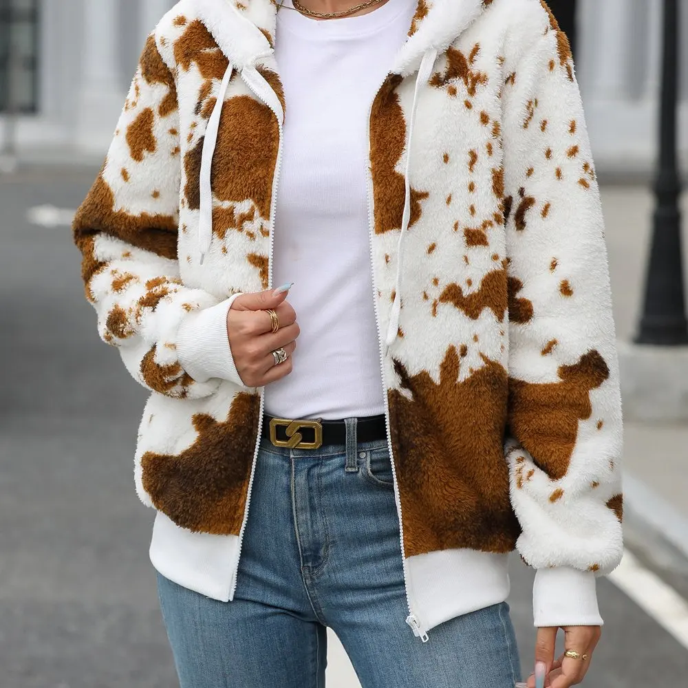 

Женский плюшевый кардиган с капюшоном, куртка на молнии с принтом, осенне-зимняя верхняя одежда в европейском и американском стиле