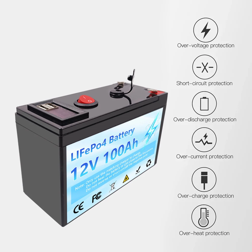 12V 100Ah LiFePO4 Battery Deep Cycle 6000+ Cycles for Solar Home RV Boat Power Supply