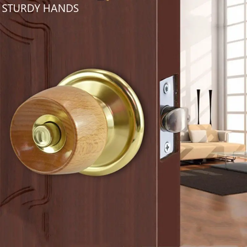 1 Set Wood And Metal Lnternal Door Lock Round Ball Door Knobs Handle With Key For Bedroom Living Room Bathroom Hardware