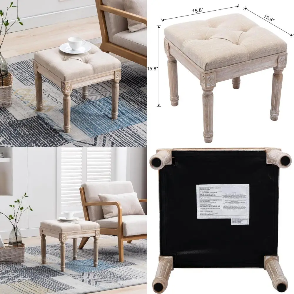 

Оттоманка из винтажной льняной ткани с деревянными ножками — небольшое сиденье для прихожей для фортепиано, спальни, гостиной