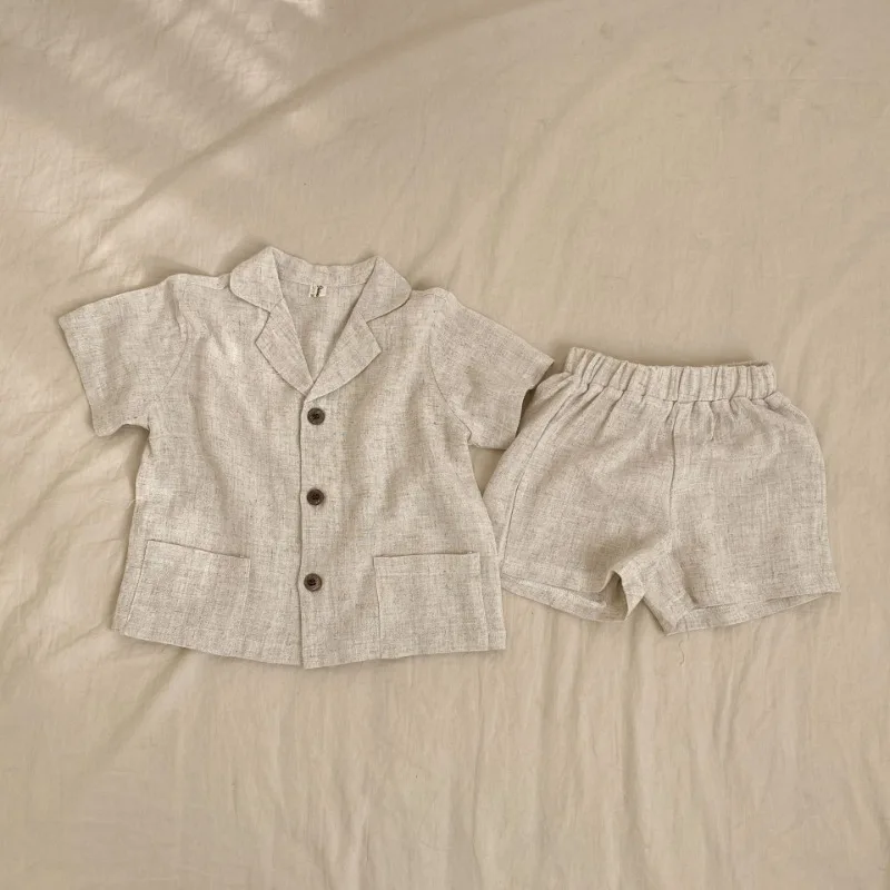 Korean Style Children's Clothing Sets 2025 Summer Baby Boys Short Sleeved Cotton Solid Color Shirt+Shorts Kids Girls 2Pcs Suit 5