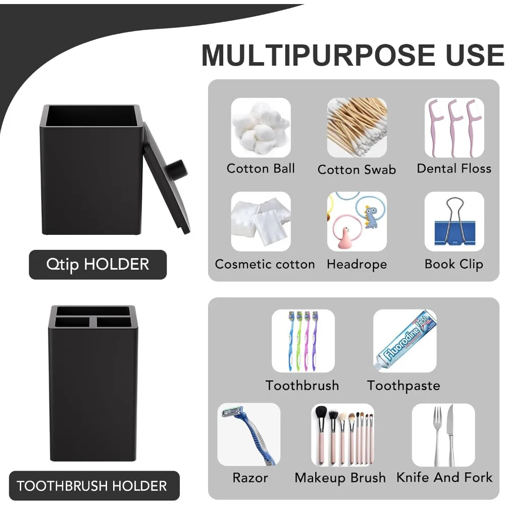 مجموعة إكسسوارات الحمام السوداء من الراتنج 6 قطع، مجموعة حوامل فرشاة الأسنان المربعة كاملة مع موزع الصابون، صينية الغرور، بهلوان، #5