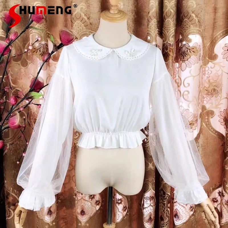 

Новая милая шифоновая внутренняя часть в стиле Лолиты, короткая блузка с кукольным воротником, универсальная рубашка JSK, японская блузка Rojita с длинными рукавами