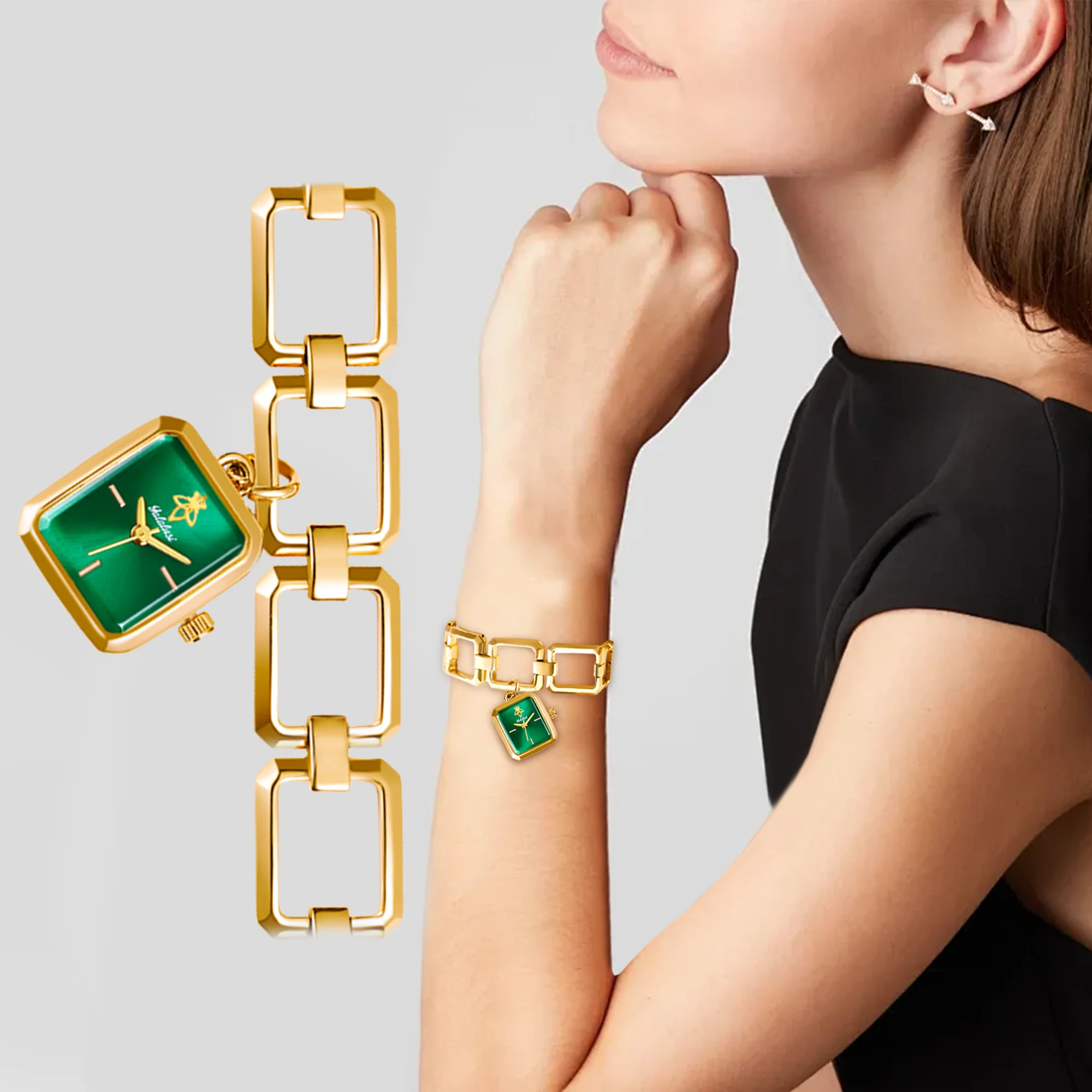 YaLaLuSi  Mini Square Green  Dial Women Watch Pendant Charm Hollow Rectangle Link Gold Bracelet Elegant Luxury Waterproof Ladies Quartz Dress Wristwatch For Office Dating Wedding
