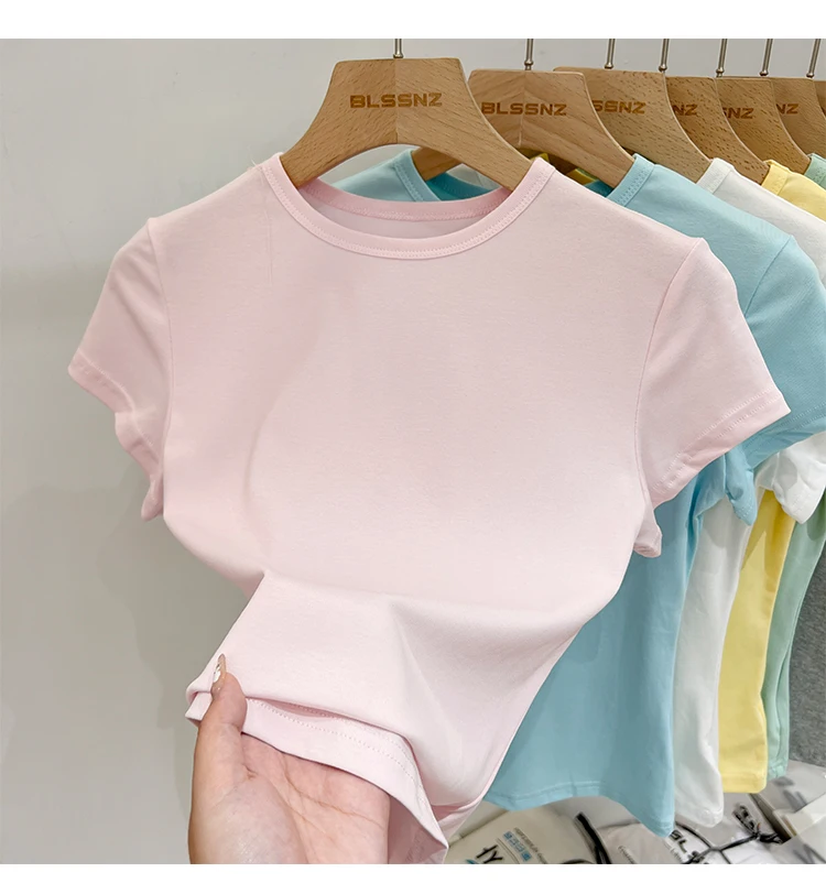 Zjaiss 2026 Sommer Neues Design Slim Fit Basic Top Trendiges Damen Baumwoll-Kurzarm-T-Shirt Einfarbig Vielseitiges O-Neck Tee – Detail 19