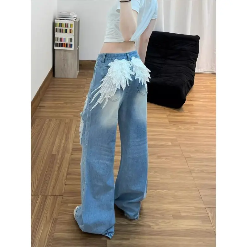 CHICATWILL Vintage Destroyed Rhinestones Embroidery Wings Denim Jeans For Women Wide Leg Jeans Long Pants Trendy Girls Trousers