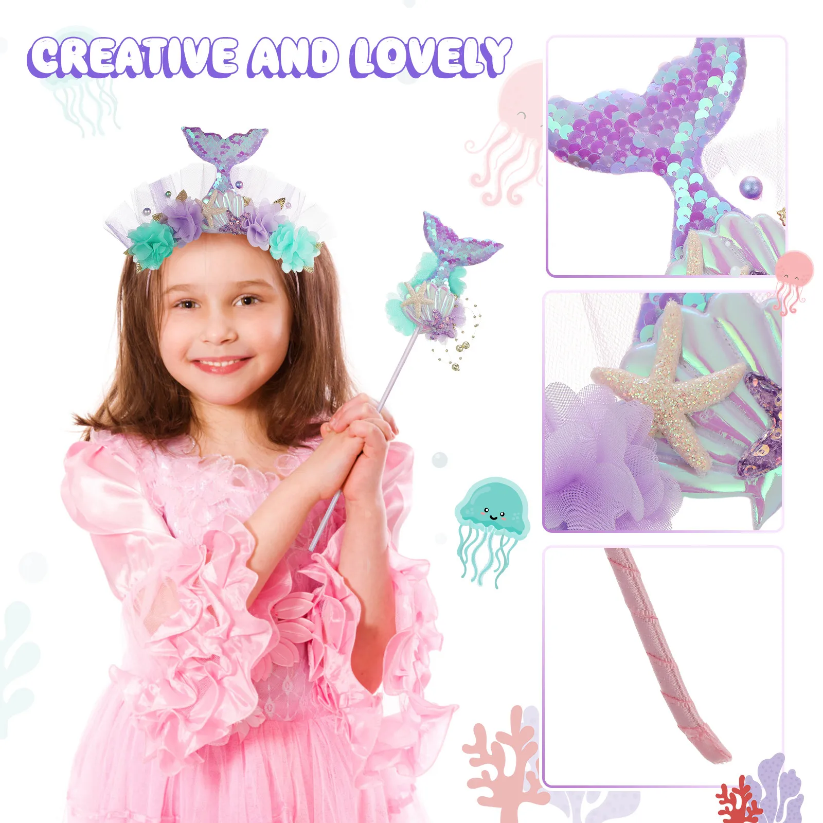 1Set Mermaid Fairy Wand and Crown Headband Set Reusable Costume Wand Delicate Girls Hairband for Bridal Shower Mermaid