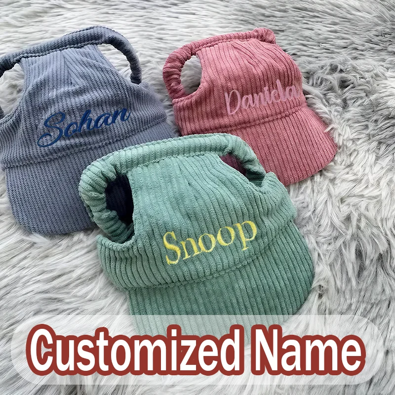 Personalized Name Embroidery Pet Dog Hat Corduroy Adjustable Cap for Small Medium Dogs Cats Custom Puppy Sun Hat