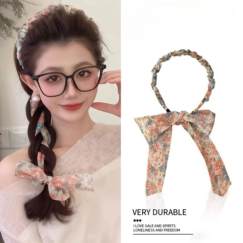Summer Floral Ribbon Bow Headband for Women  High-Crowned Hair Clip with Teeth Braided Hair Accessories