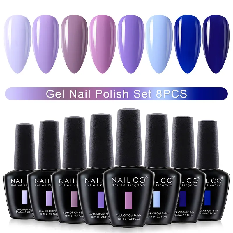 NAILCO 8PCS Set Colori Smalto per unghie Gel Nail Art Semi-permanente Vernice UV Forniture per unghie per professionisti Per manicure top coat