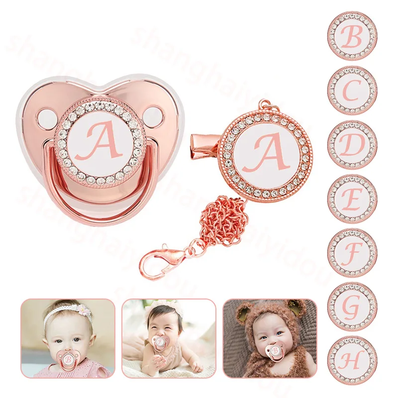 Baby silicone pacifier with lid and chain, rose gold English letters, suitable for babies aged 0-36 months, BPA free