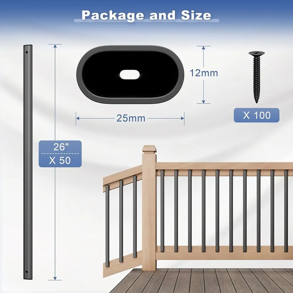 50 عبوة من 26 درابزينًا معدنيًا للسطح المعدني لدرج السلالم، درابزين الدرج الخارجي، مغزل أسود مجوف، مناسب لحاجز الشرفة، داخلي