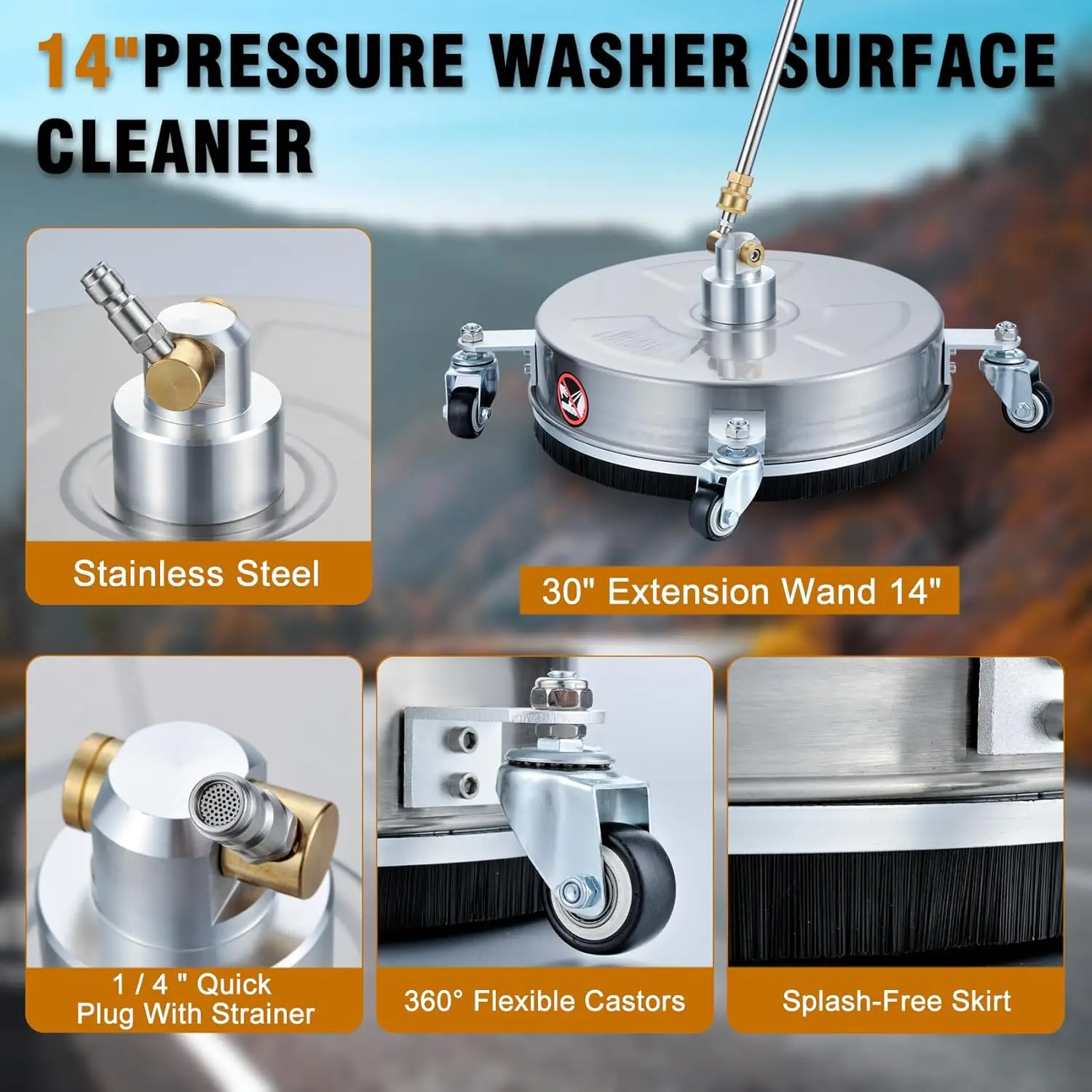 14フィート高圧洗浄機用表面洗浄機、ステンレス製、4輪付き、コンクリート、パティオ、歩道用ターボ＆7ノズル