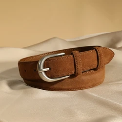 Women’s Genuine Leather Belt, Metal Pin Buckle, 2.5cm Wide Two-Layer Cowhide, Fashion Designer Belt for Jeans