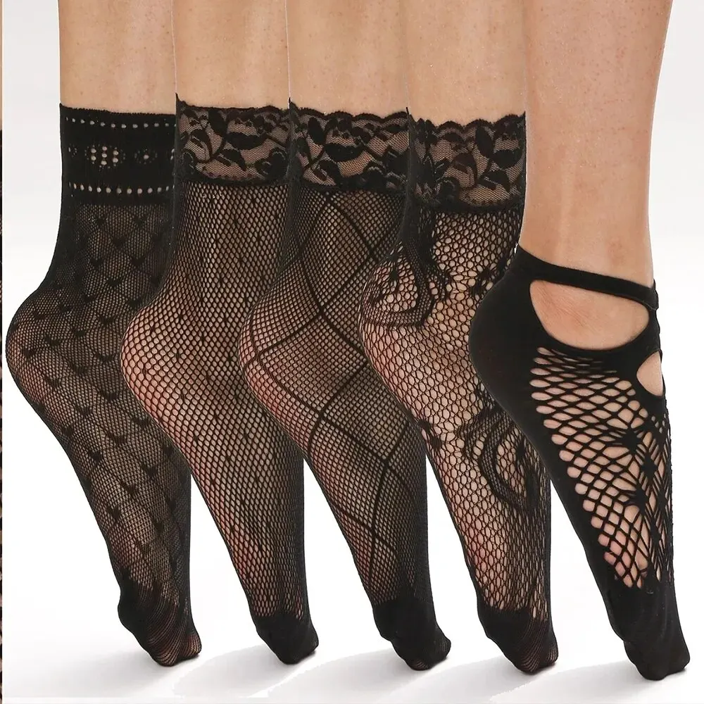 5 Pairs Vintage Lace Women\'s Socks Summer Mesh Elastic Transparent Ankle Socks Lolita Women\'s Versatile Fishing Net Black Socks