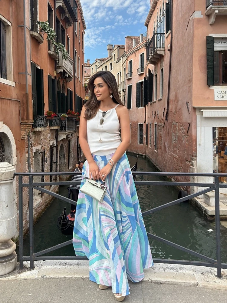 

Summer Fashion Beach Style Elegant Slim Geometric Print Long Skirt Women's Middle Waist A-Line Big Swing Vintage Long Skirt