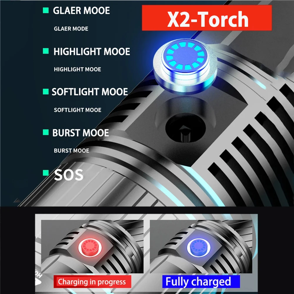 Rechargeable X2 LED Flashlight Zoom Super Bright Torch with 5 Lighting Modes high Lumen Tactical Flashlight for Camping Outdoor