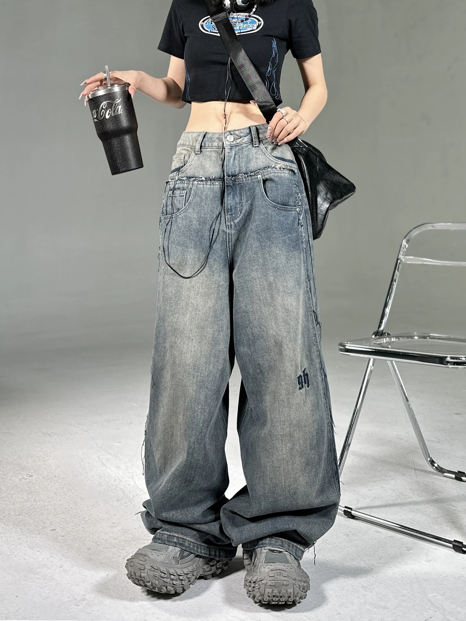 

Women Blue Jeans Baggy Harajuku Aesthetic Streetwear Straight Denim Trousers Y2k Wide Cowboy Pants Vintage 2000s Trashy Clothes