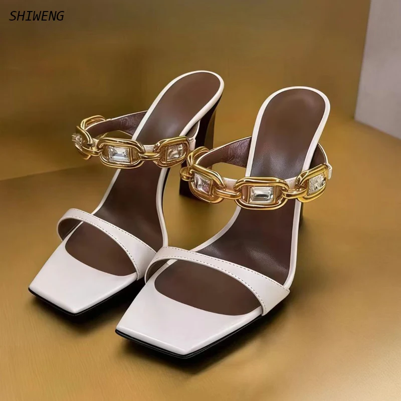 2026 Women White Square Toe Heeled Mules Metal Chain Rhinestone Decor Block Heel Platform Sandals Elegant Slip On Party Shoes