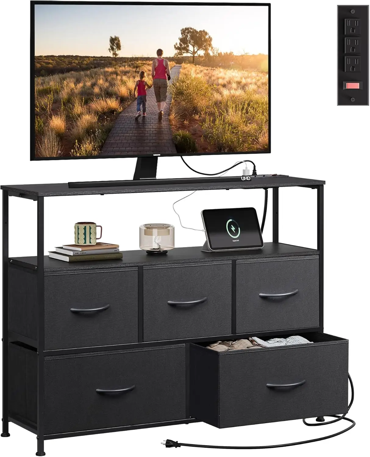 Stand TV lemari hitam untuk dekorasi kamar tidur dengan stop kontak, dada lemari lemari rias kain dengan rak terbuka