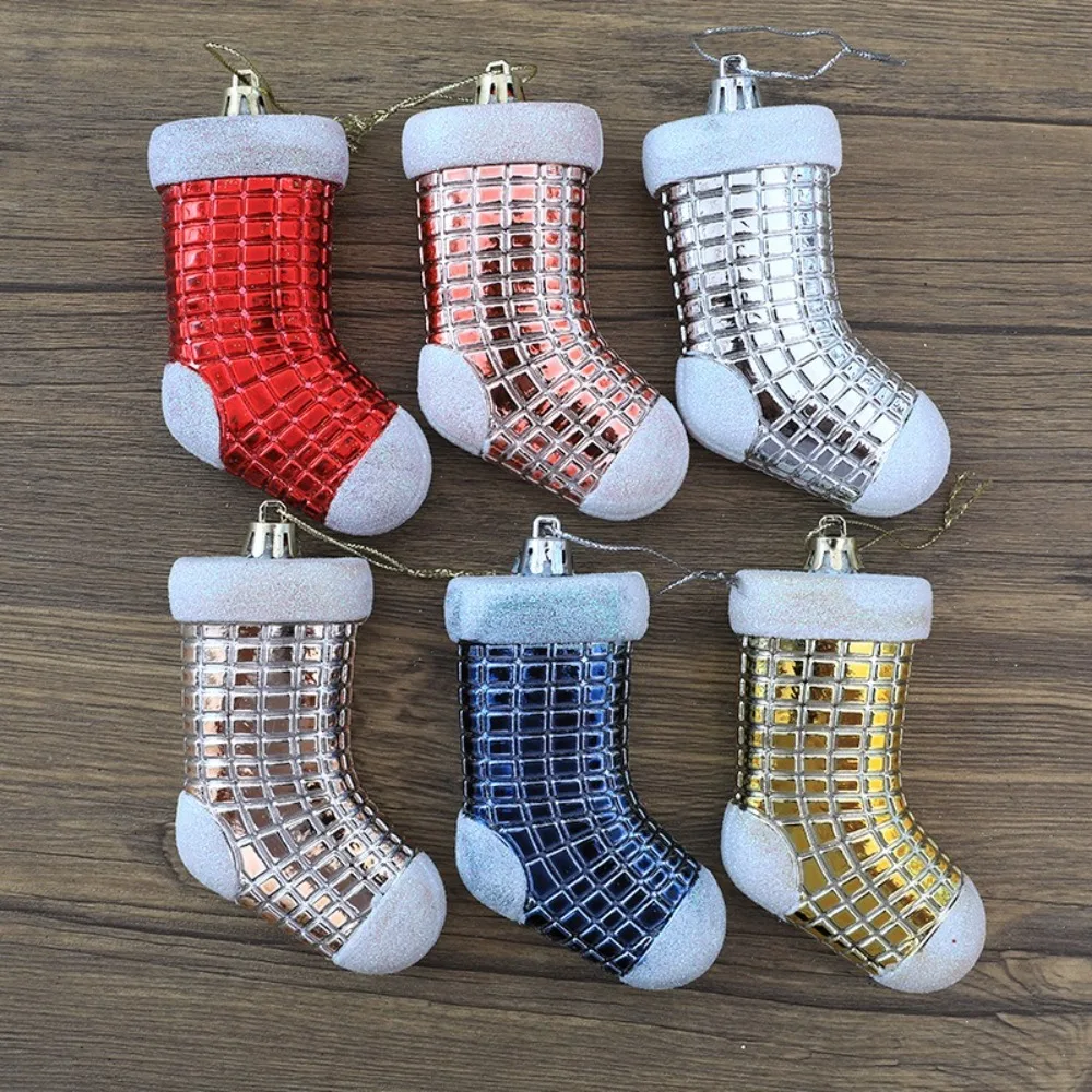 4Pcs Electroplated Socks Christmas Tree Ornament Plastic New Year Christmas Gifts Boxes Pendant Hanging Ornament Pendant