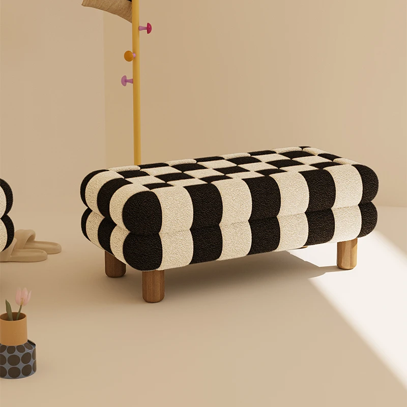 ミニマリストなクリーミーなロースツール - 寝室、メイクアップ、玄関、靴の交換のためのスタイリッシュなチェック柄デザイン 北欧家具
