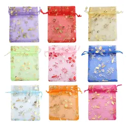 50pcs/Lot 9x12cm Gold Foil Bauhinia Organza Bag for Jewelry Packaging