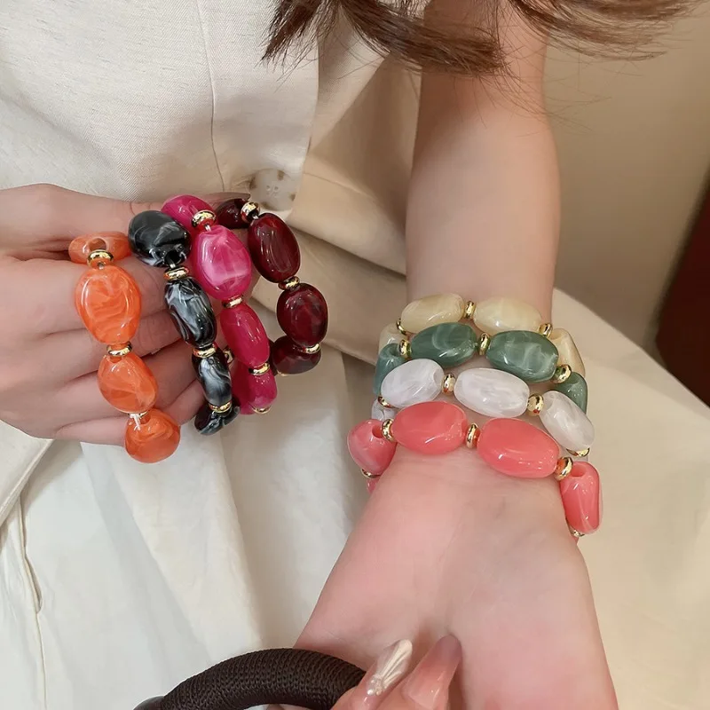 Minar Multicolor Irregular Acrylic Copper Beads Oval Elastic Beaded Strand Bracelets for Women product photo