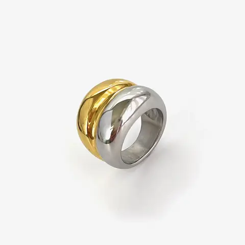 Peri'sbox Trendy 18K Pvd Gold Silver Plated Two-tone Chunky Dome Rings for Women Men Stainless Steel Double Layer Wide Ring Punk