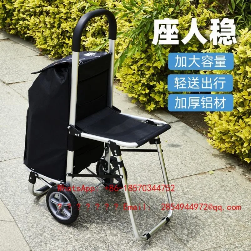 Small Pull Cart, New Shopping Trip, Light Climbing Pull Rod Cart, Aluminum Alloy Folding with Seat