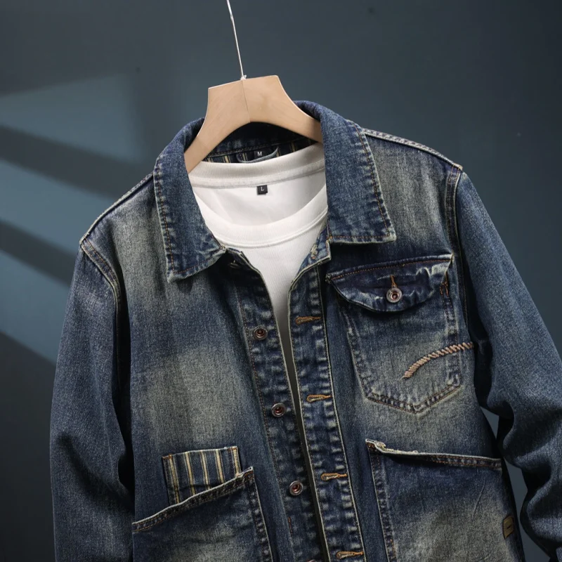 2024 New Fall Denim jacket men's fashion lapel loose retro multi-pocket washed nostalgic casual street clothes