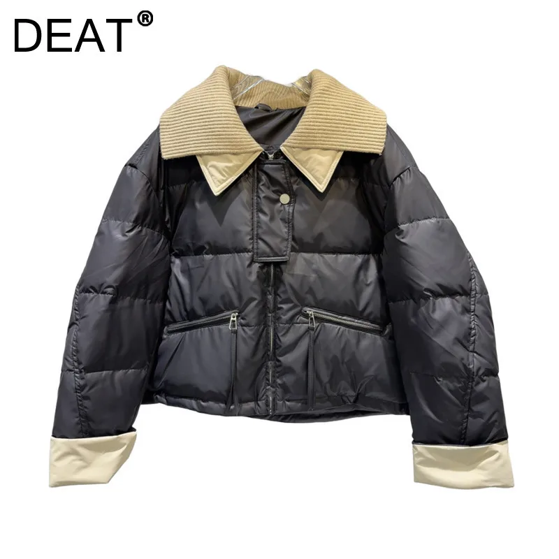 DEAT Women's Coats Loose Thick Panelled Lapel Zipper Wram Pu Leather Causal Female Jackets 2024 New Winter Fashion 11A01569